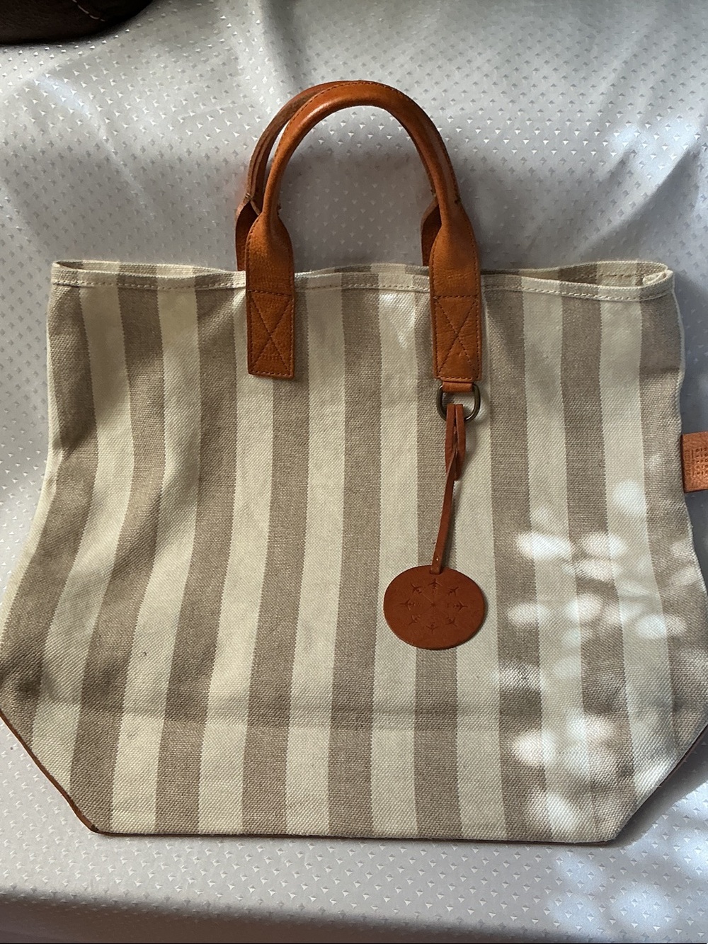 Canvas Stripe Tote with Tan Leather Handles